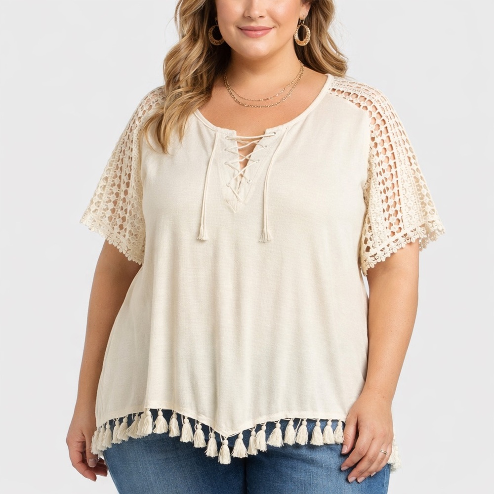 Cato Ivory Boho Lace Sleeve Fringe Hem Blouse Plus 22W 24W